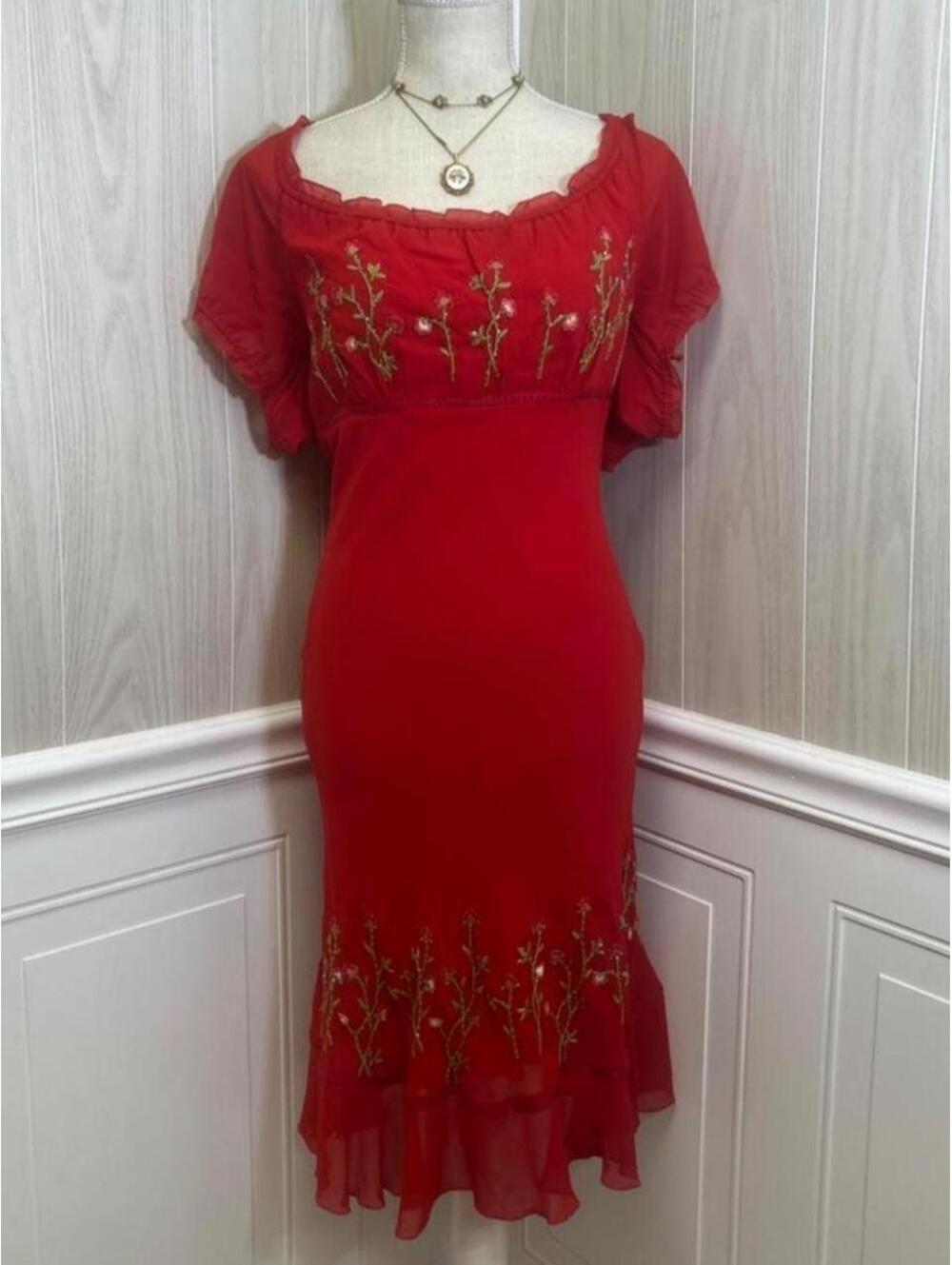 Vintage Silk Red Floral Milkmaid Picnic Dress by Sue Wong